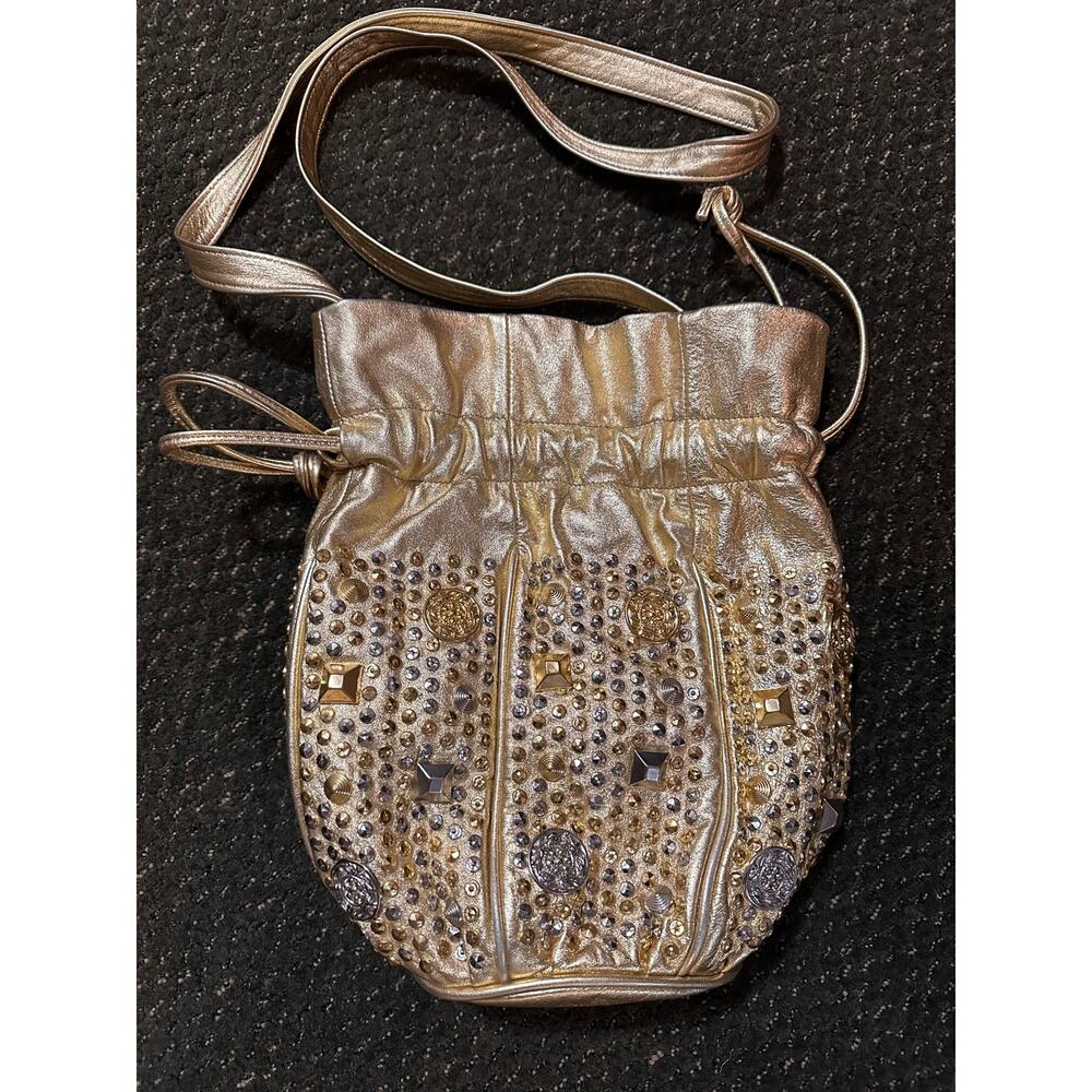 Fabulous Vintage 1980’s Gold Leather Studded Drawstring Bucket Bag